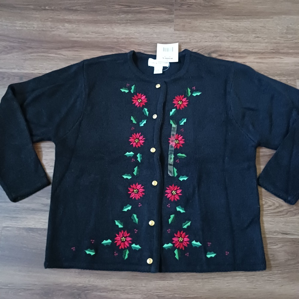 Croft & Barrow Womens Poinsettia Christmas Cardigan Sweater Black Medium KW36637